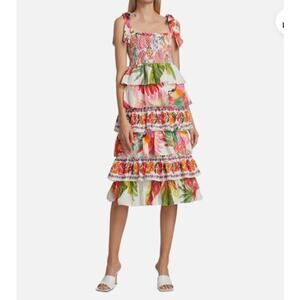 Farm Rio Tropical Floral Tiered Midi Dress Sz S Smocked Ruffle Boho QuietLuxury